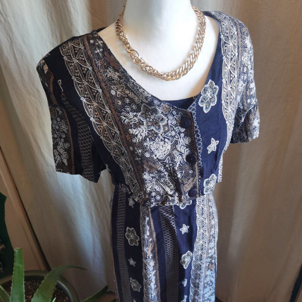 Vintage 90s print Rayon Maxi Dress by East West Fashions Size 11 Tie Back